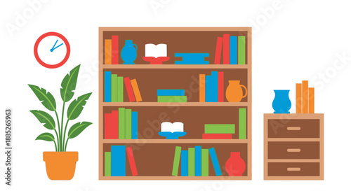 bookshelf with books vases and plants.