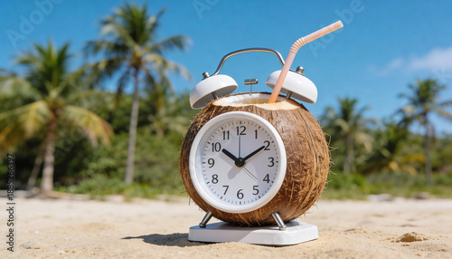 Coconut alarm clock on the sandy beach with palm trees in the background
