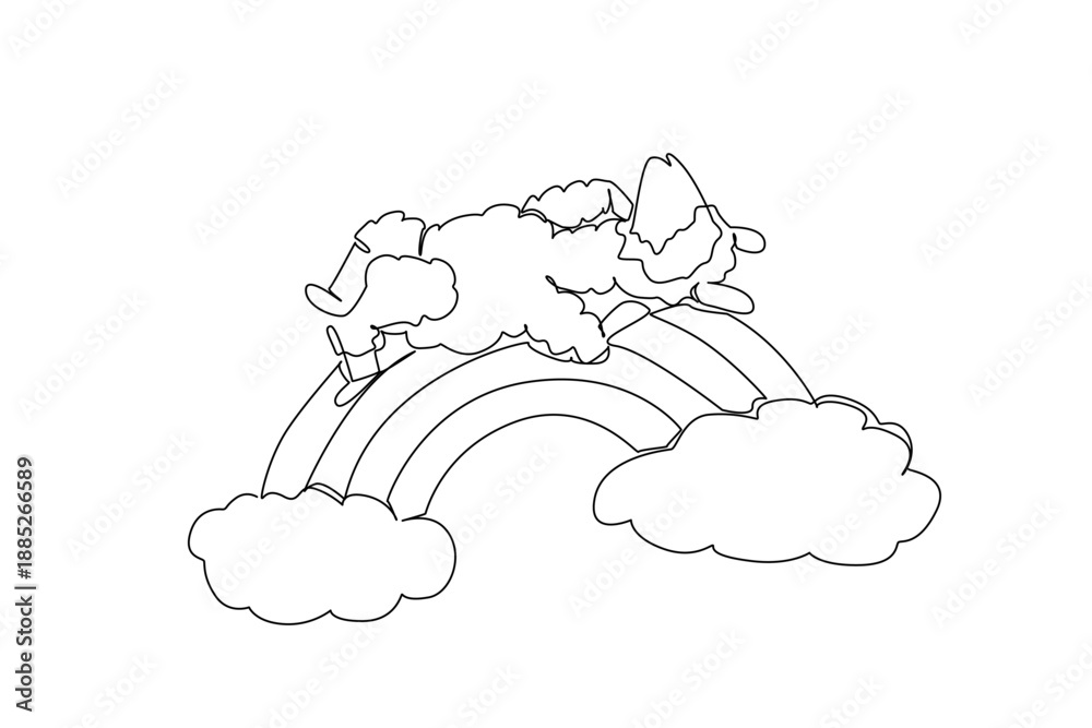 Fototapeta premium Single line drawing of cute lovable alpaca in serene supine sleep, resting gently on minimalist rainbow. Perfect for unique nature concept of children decor, room wall decor art, and kids stationery