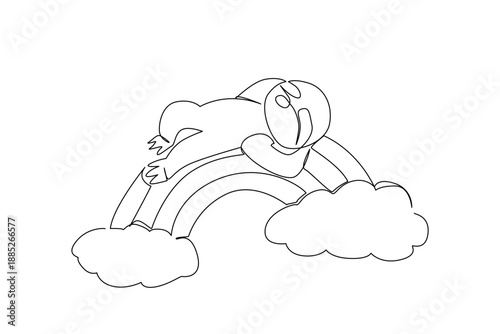 Continuous line drawing of unique slow sloth sleeping on its back on rainbow, cuddly vibe with relaxed limbs. Minimal outline for tropical jungle themes, kids decor, and calming bedtime visuals