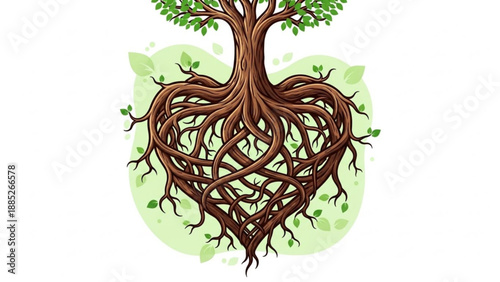Tree with heart shaped roots and green leaves on light green background