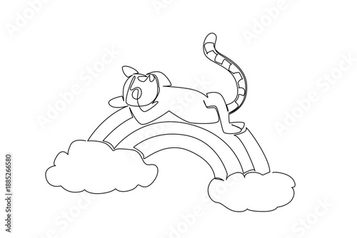 Single line drawing of cute playful lemur sleeping supine on a rainbow with cloud, long striped tail curled. Adorable primate artwork for zoo poster, Madagascar animal set, and kids stationery