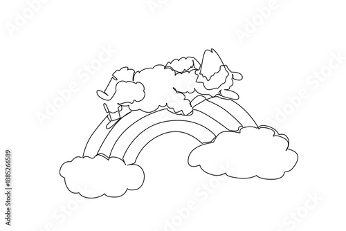 Single line drawing of cute lovable alpaca in serene supine sleep, resting gently on minimalist rainbow. Perfect for unique nature concept of children decor, room wall decor art, and kids stationery