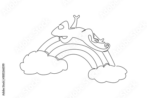 Continuous line drawing cute adorable chameleon in blissful supine sleep, playfully cradled by minimalist rainbow arc. Great for nursery decor and cheerful celebration vibes