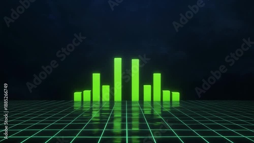 Neon green bar graph rising and falling on a reflective grid floor with dark smoky background