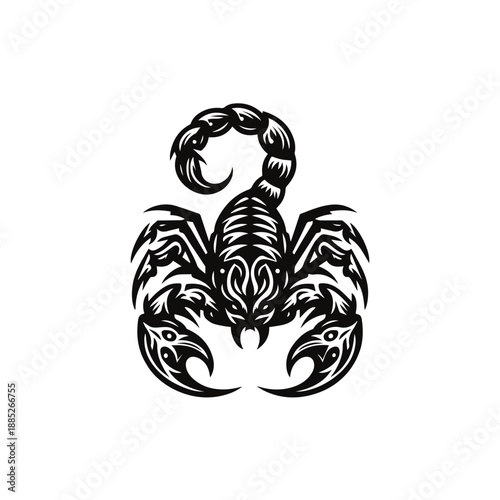 Intricate Scorpion Illustration, A detailed illustration of a scorpion with its curved tail poised, showcasing the creature's formidable presence and design.