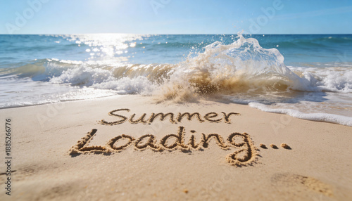 summer loading written in sand on the beach with sea wave background
