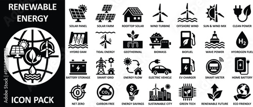 Renewable energy icons set featuring solar farm hydro dam tidal energy and hydrogen fuel pictograms for clean power generation and sustainable green technology infrastructure