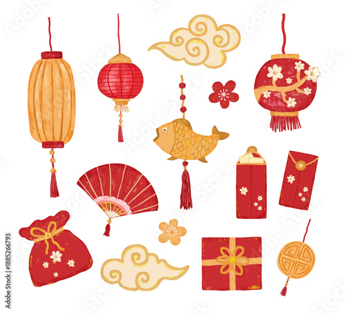 Set of cute watercolor crayon chinese lunar new year elements decoration kids illustration clipart