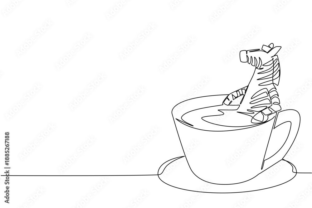 Fototapeta premium Single line drawing playful zebra shows cute safari animal soaking in coffee cup for nature concept. Unique design features the striped wild Africa creature for an international cafe day theme