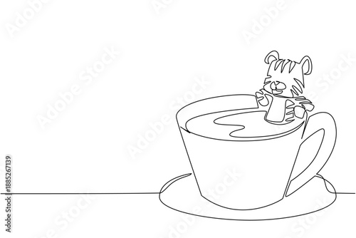 Continuous line drawing of playful cute tiger depicts giant animal soaking in coffee cup for nature concept. Simple illustration fits international wildlife day for big cat lovers and nursery print