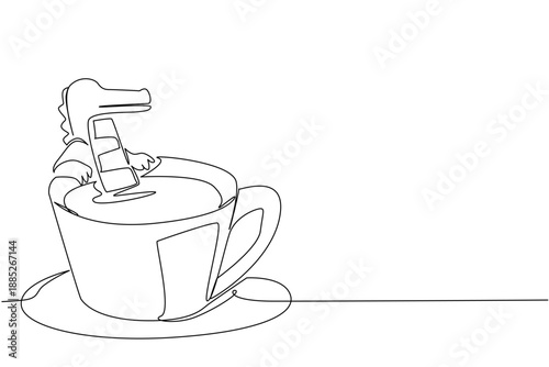 Continuous line drawing of playful crocodile shows cute animal soaking in coffee cup for nature concept. Unique design features the swamp reptile for an international reptile day theme in art