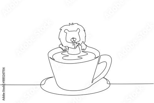 Single line drawing of strong lion shows cute animal soaking in coffee cup for safari nature concept. Unique design features the wild king for an international cafe day theme in minimalist style