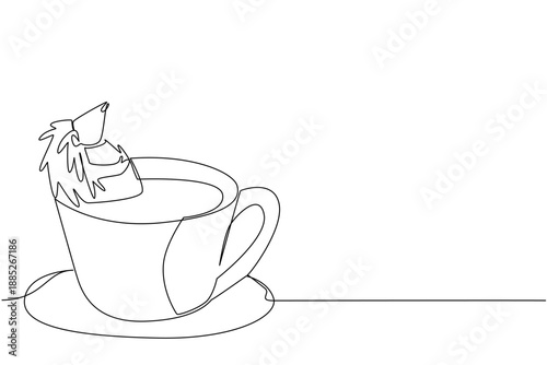 Continuous line drawing of cute spiky hedgehog depicts small animal soaking in coffee cup for nature concept. Simple illustration fits an international coffee day theme for forest animal lovers