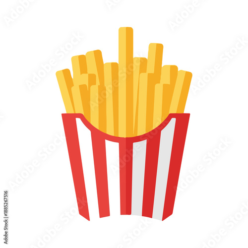 Flat design icon of french fries in red striped box