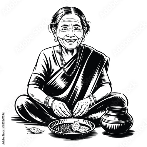Smiling elderly Indian grandmother sitting cross legged preparing grains and leaves beside traditional clay pot with weathered gentle face