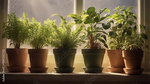 Calm lifestyle still life featuring indoor plants and cinematic natural daylight