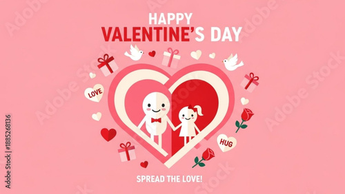 Happy valentine's day cartoon couple in heart with love symbols and text on pink background