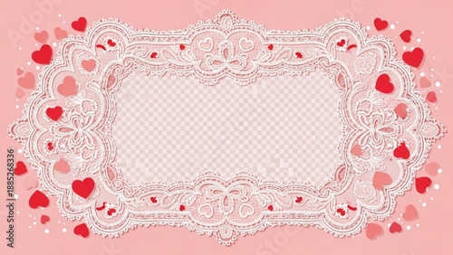 Valentine's day card template with white lace border and red hearts on pink background for love and romance