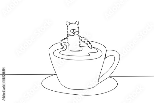 Continuous line drawing of cute cheetah depicts big animal soaking in coffee cup for nature concept. Simple illustration fits an international coffee day theme for huge wild cat lovers