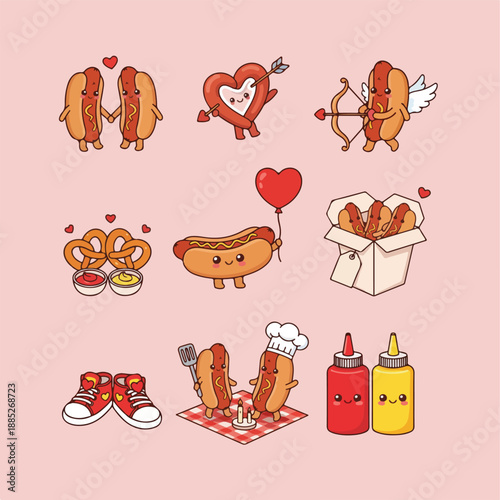 Adorable Hot Dog Characters A Cute Collection of Food and Love Illustrations