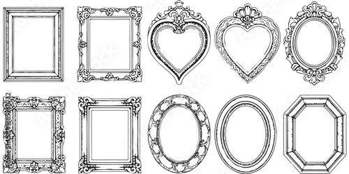 Collection of ornate and simple picture frames in various shapes and styles.