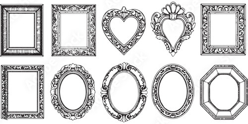 Collection of ornate vintage picture frames in various shapes and styles.