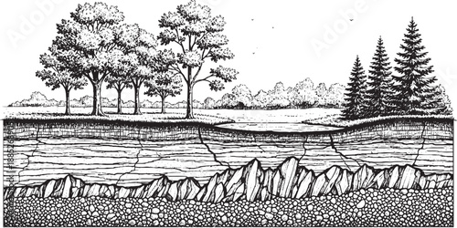 Cross section of earth showing layers of soil rock and vegetation.