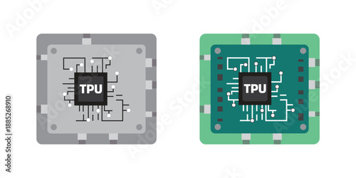 TPU tensor processing unit chip icon with circuit board design for artificial intelligence computing, vector illustration.
