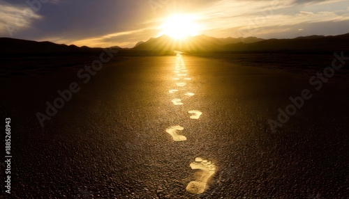 Footprints in the sand leading to a bright sunset.