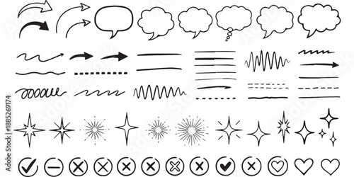 Hand Drawn Doodle Elements Set Arrows Speech Bubbles Lines Stars Checkmarks Crosses Hearts.