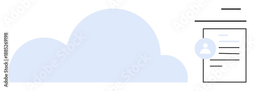 Cloud storage, data management, identity authentication, digital profiles, remote access, online documents. Blue cloud icon alongside a user profile and document illustration. Cloud storage and data