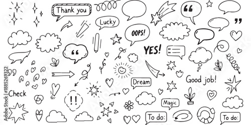 Hand drawn doodle speech bubbles and design elements set 1.