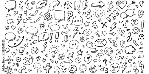 Hand drawn doodle set of various communication and idea icons.