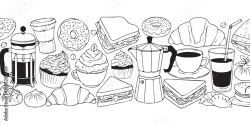 Handdrawn seamless pattern of coffee pastries and sandwiches perfect for cafe menus or foodrelated designs.