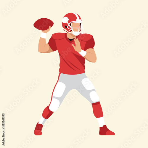Dynamic action of a football quarterback in a red jersey throwing a pass during a game.