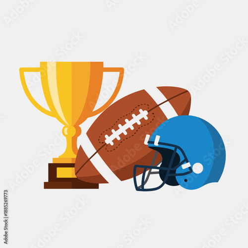 Trophy with Football Helmet and Ball Highlighting Sports Victory and Celebration.