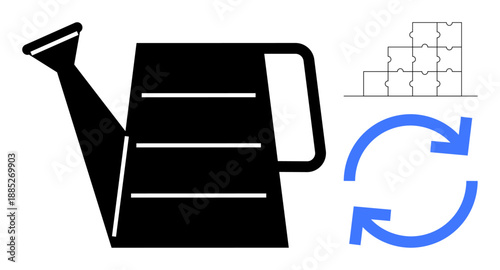 Sustainability concept. Sustainability illustrated through a watering can for growth, puzzle for integration, and arrows for recycling. Sustainability in business, environment, education, process