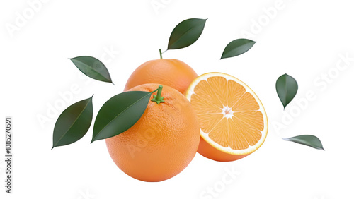 Oranges with Leaves on a White Background