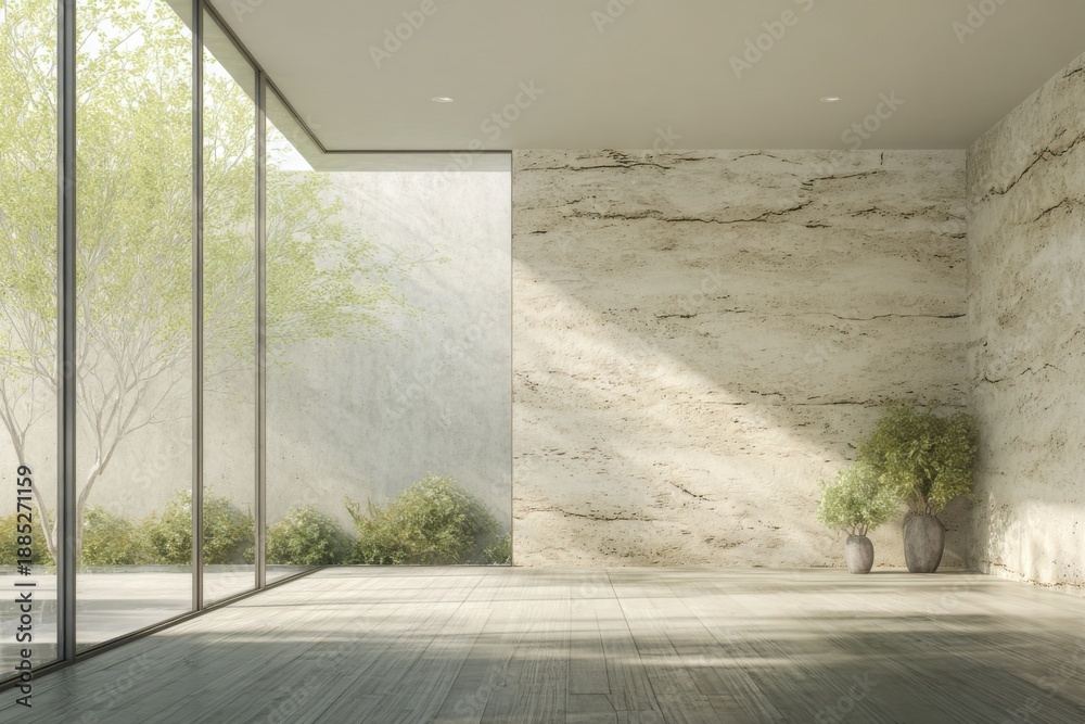 Fototapeta premium Empty modern room with stone wall and wooden floor