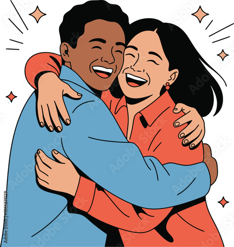 Cartoon-style vector of two smiling friends hugging, surrounded by stars and lines to express joy and emotional connection.
