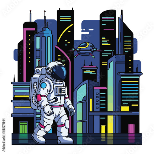 Futuristic astronaut in white suit standing before neon cityscape