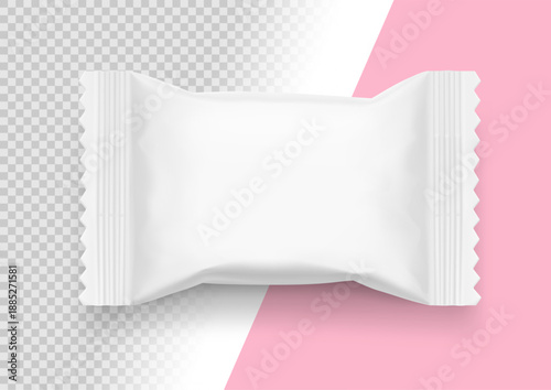 Realistic flow pack for candy mockup. Front view. Vector illustration on colour ant transparent background. Easy to use for presentation your product, idea, design. EPS10.