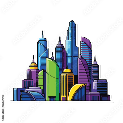 A colorful cartoon cityscape with diverse buildings