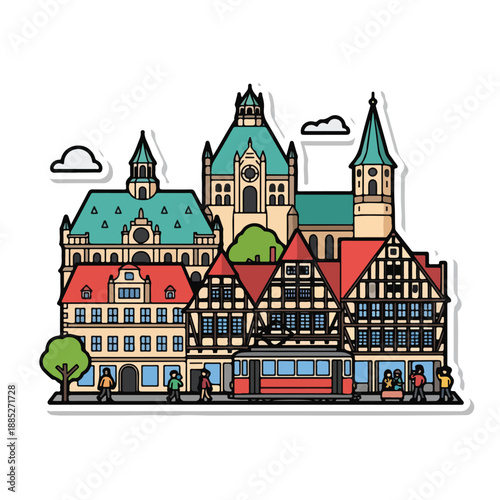 A colorful cartoon illustration of a European town