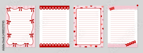 Valentine themed A4 decorative paper set with romantic red and pink borders. For love letters, stationery, printable notes, invitations, worksheets and scrapbook projects.