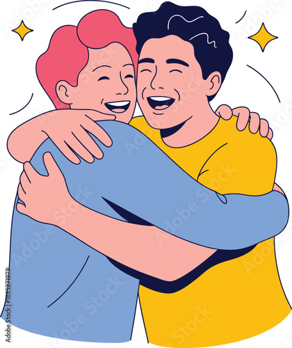Cartoon-style vector of two smiling friends hugging, surrounded by stars and lines to express joy and emotional warmth.