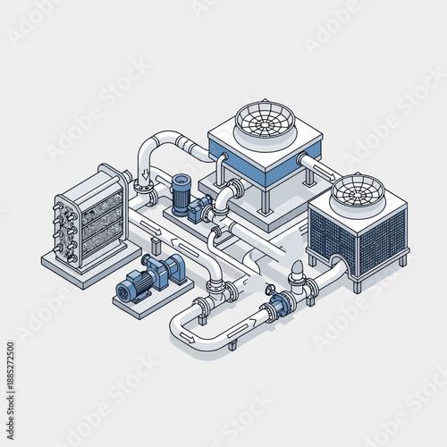 Isometric illustration of a complex industrial cooling system with pumps and pipes.