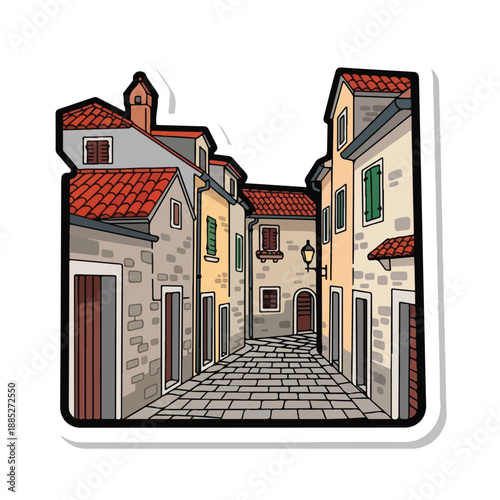 A quaint, narrow street with stone buildings