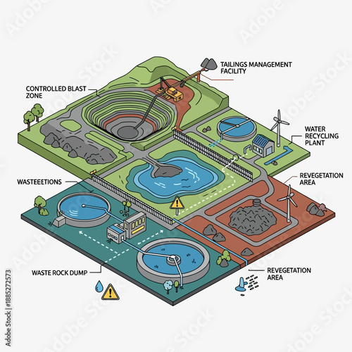 Isometric illustration of a comprehensive mining operation with various facilities.